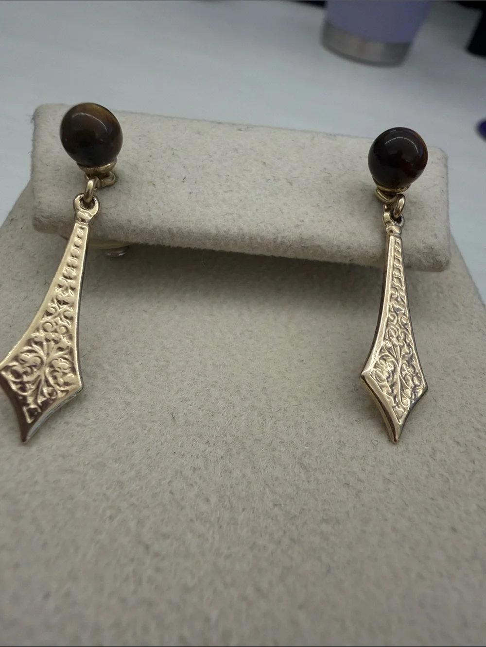 Gold-Tone Drop Earrings with Brown Tiger Eye Accent